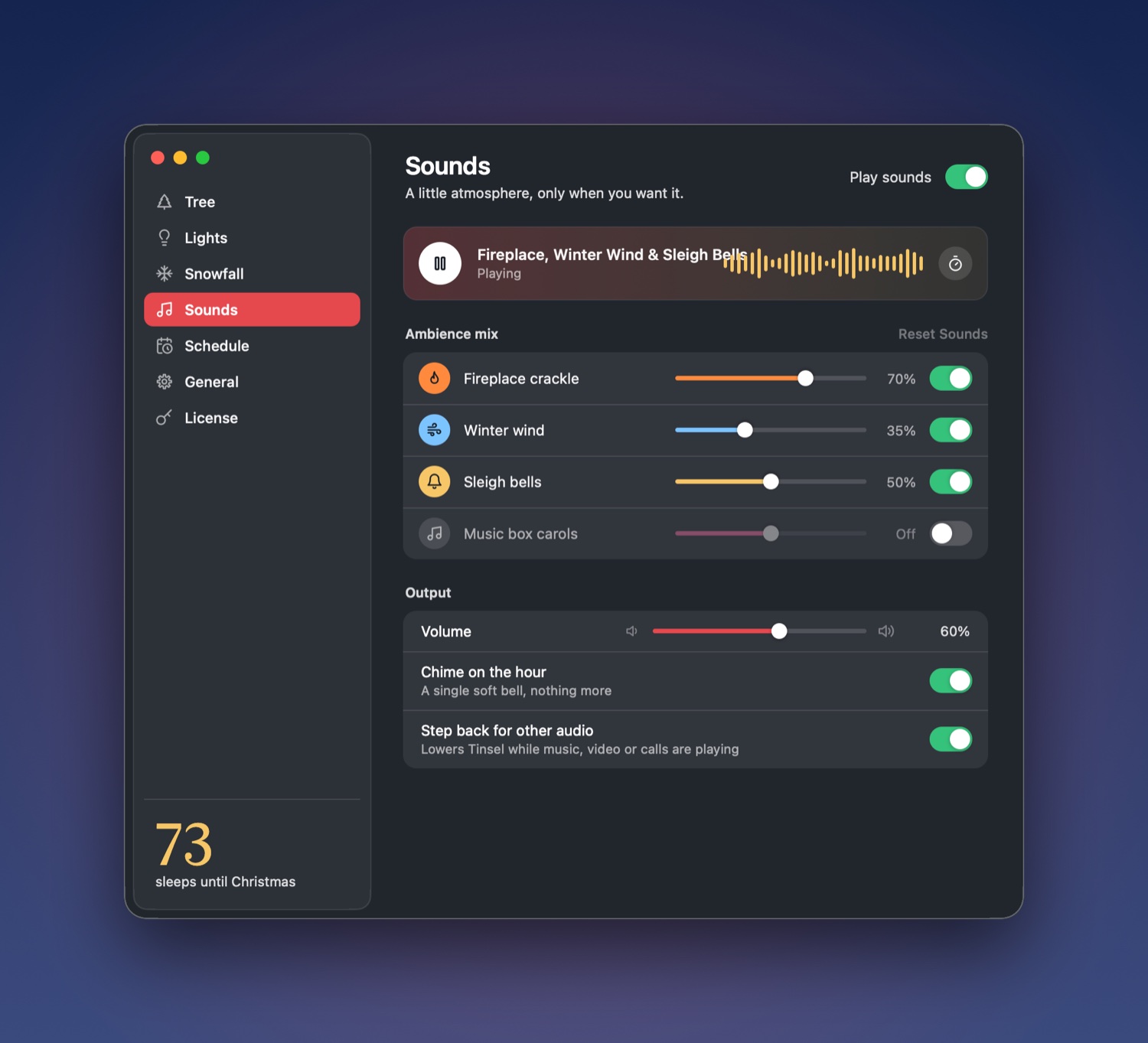 Tinsel's Sounds settings: a mix of fireplace, winter wind, sleigh bells and music box, each with its own level